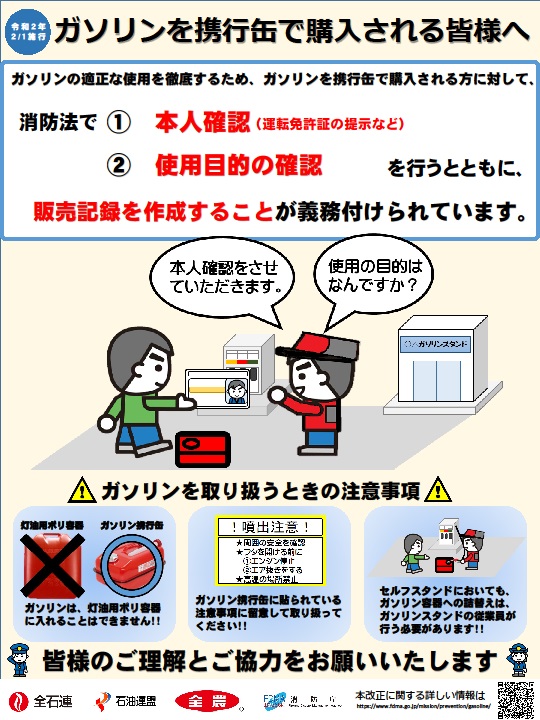 ガソリンを携行缶で購入する際の注意事項が記されたポスター