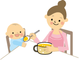 赤ちゃんに食事をさせているママのイラスト