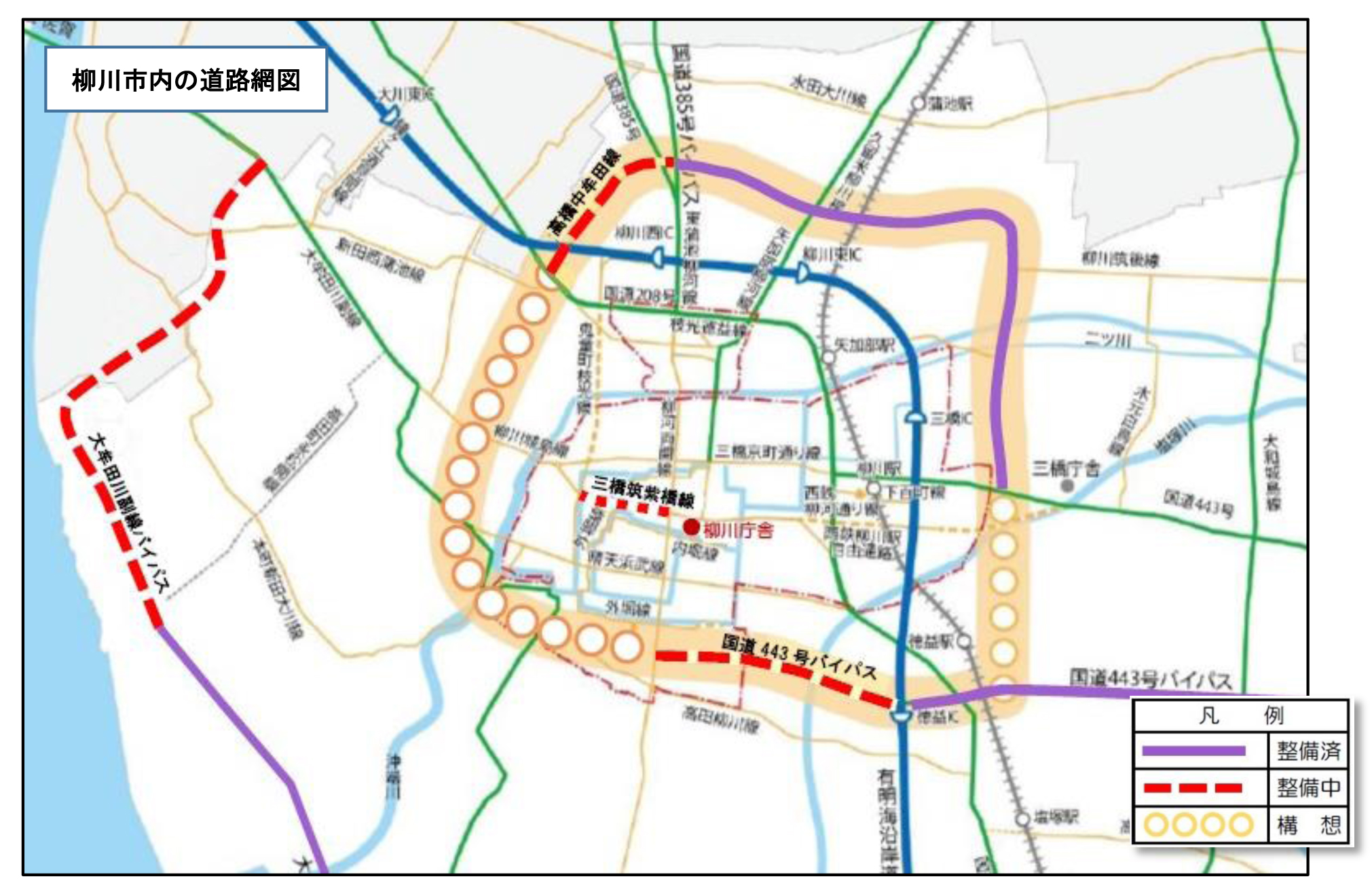 柳川市内の道路網図