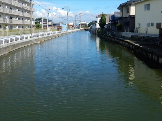 矢ヶ部地区県営かんがい排水路の通常の水位の写真