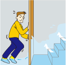 水圧で開かなくなったドアを開けようとする男性のイラスト