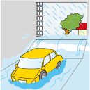浸水した地下駐車場で立ち往生する車のイラスト